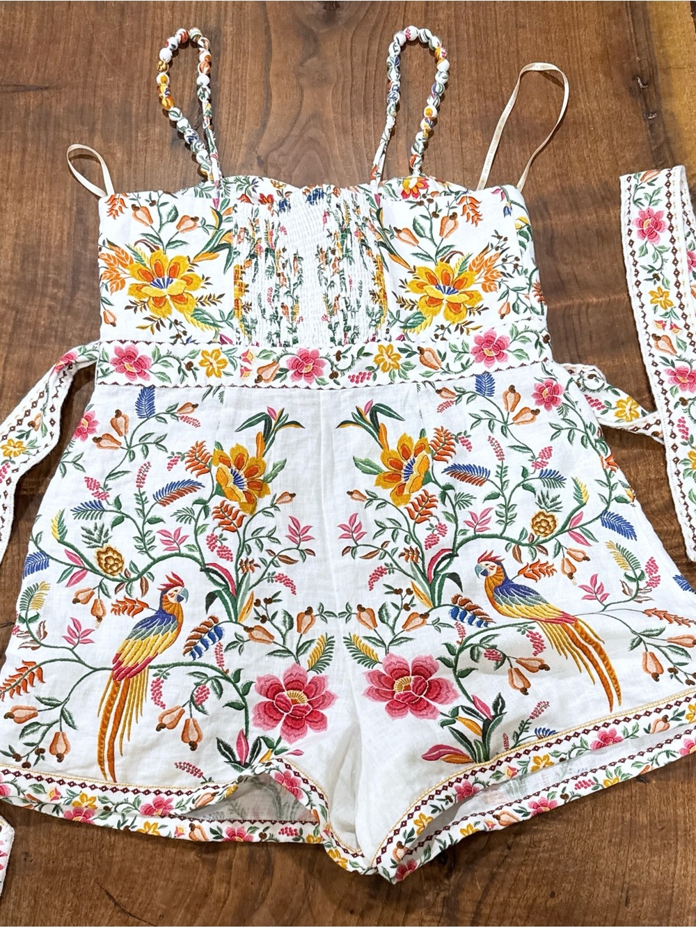 EUC FARM Rio Delicate Forest Macaw Parrot Birds Belted Boho 100% Linen Romper L - Picture 7 of 15